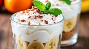 Десерт в стакане из печенья банана и сливок