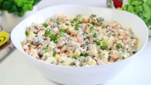 Оливье без картошки с твердым сыром