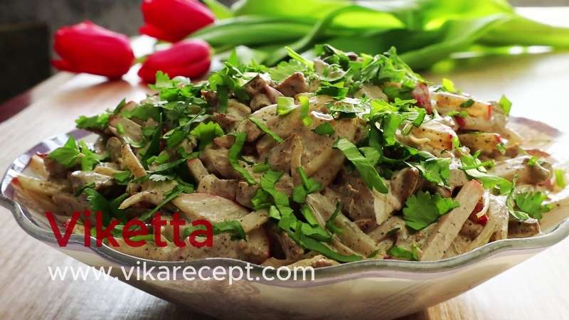 Самый вкусный салат с печенью маринованным луком и редисом рецепт