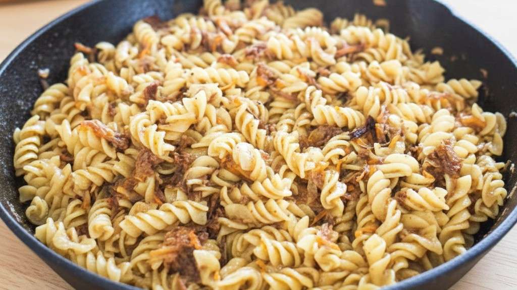 Ленивые макароны с тушёнкой на сковороде