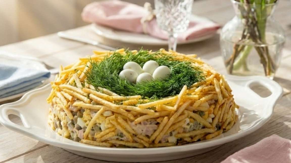 Пасхальный салат "Гнездо" с курицей